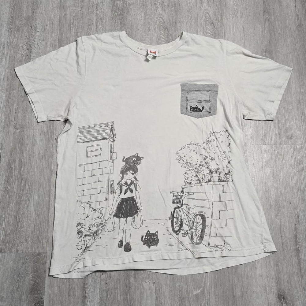 Y2K OMOCAT Anime Girl Sailor Fuku with Cats White Front Pocket Tee Size XL Rare?